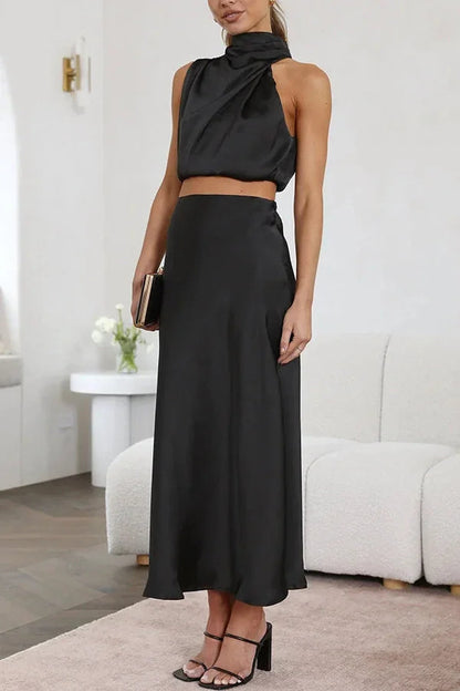Femme Ensemble Deux Pièces Top Halter col Drapé et Jupe Longue
