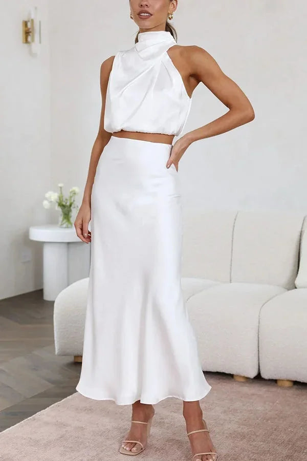 Femme Ensemble Deux Pièces Top Halter col Drapé et Jupe Longue