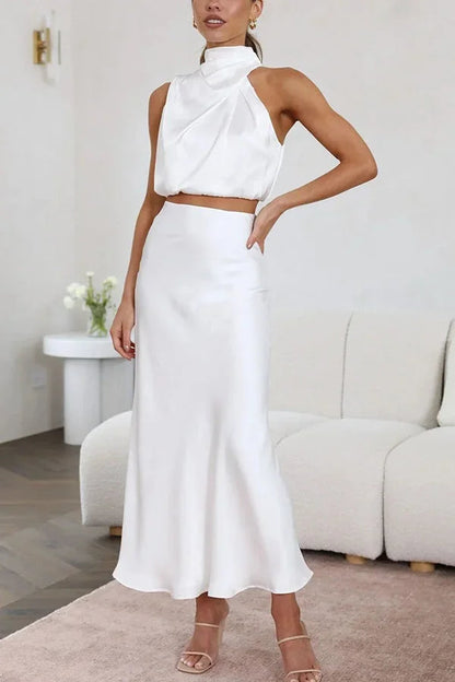 Femme Ensemble Deux Pièces Top Halter col Drapé et Jupe Longue