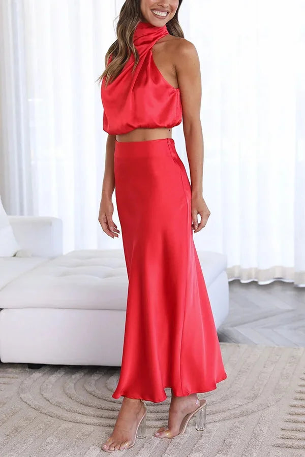 Femme Ensemble Deux Pièces Top Halter col Drapé et Jupe Longue