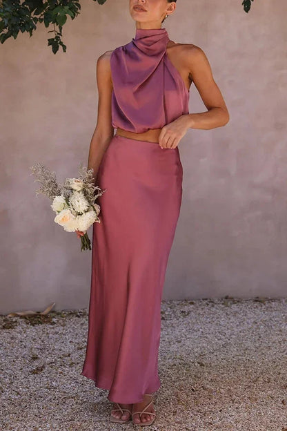 Femme Ensemble Deux Pièces Top Halter col Drapé et Jupe Longue