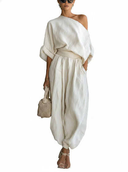 Femme Ensemble Épaule Dénudée avec Top Oversize et Pantalon Sarouel Long