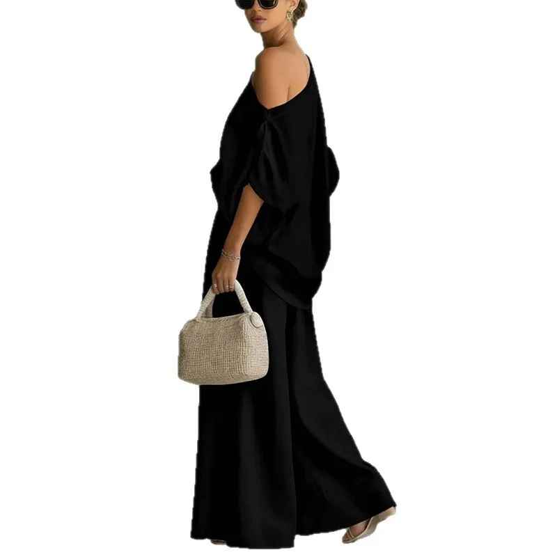 Femme Ensemble Épaule Dénudée avec Top Oversize et Pantalon Sarouel Long