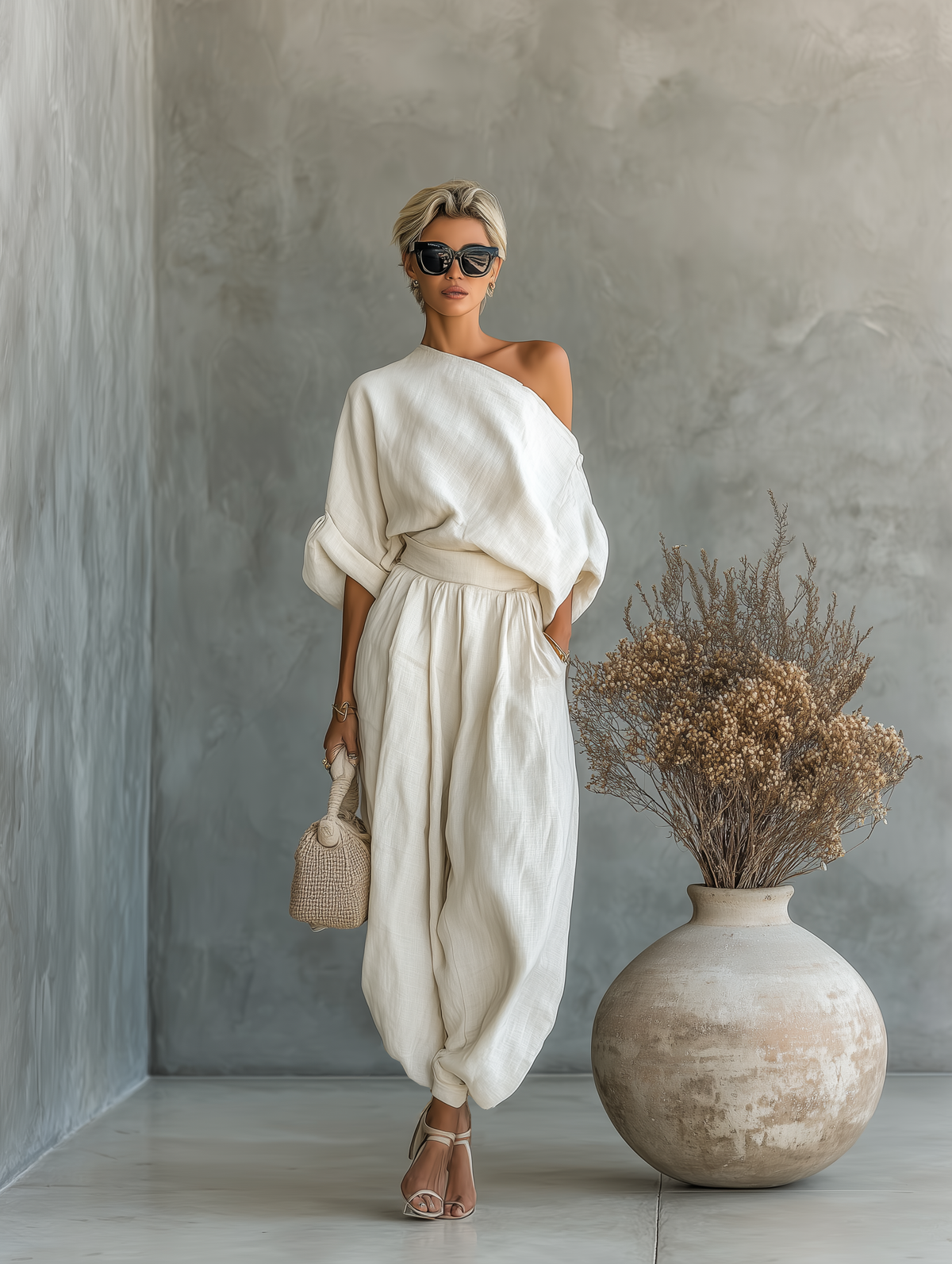 Femme Ensemble Épaule Dénudée avec Top Oversize et Pantalon Sarouel Long