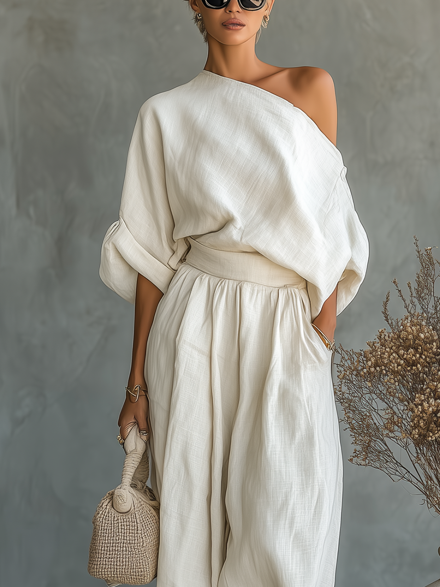 Femme Ensemble Épaule Dénudée avec Top Oversize et Pantalon Sarouel Long