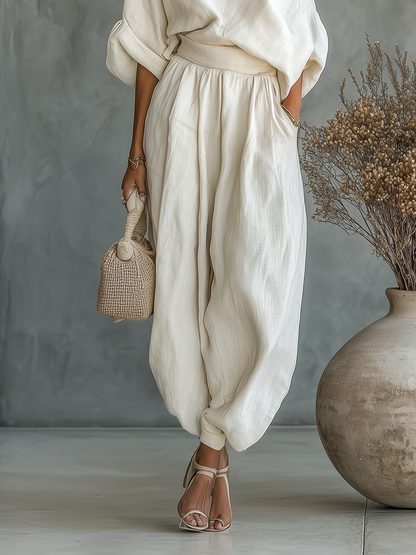 Femme Ensemble Épaule Dénudée avec Top Oversize et Pantalon Sarouel Long