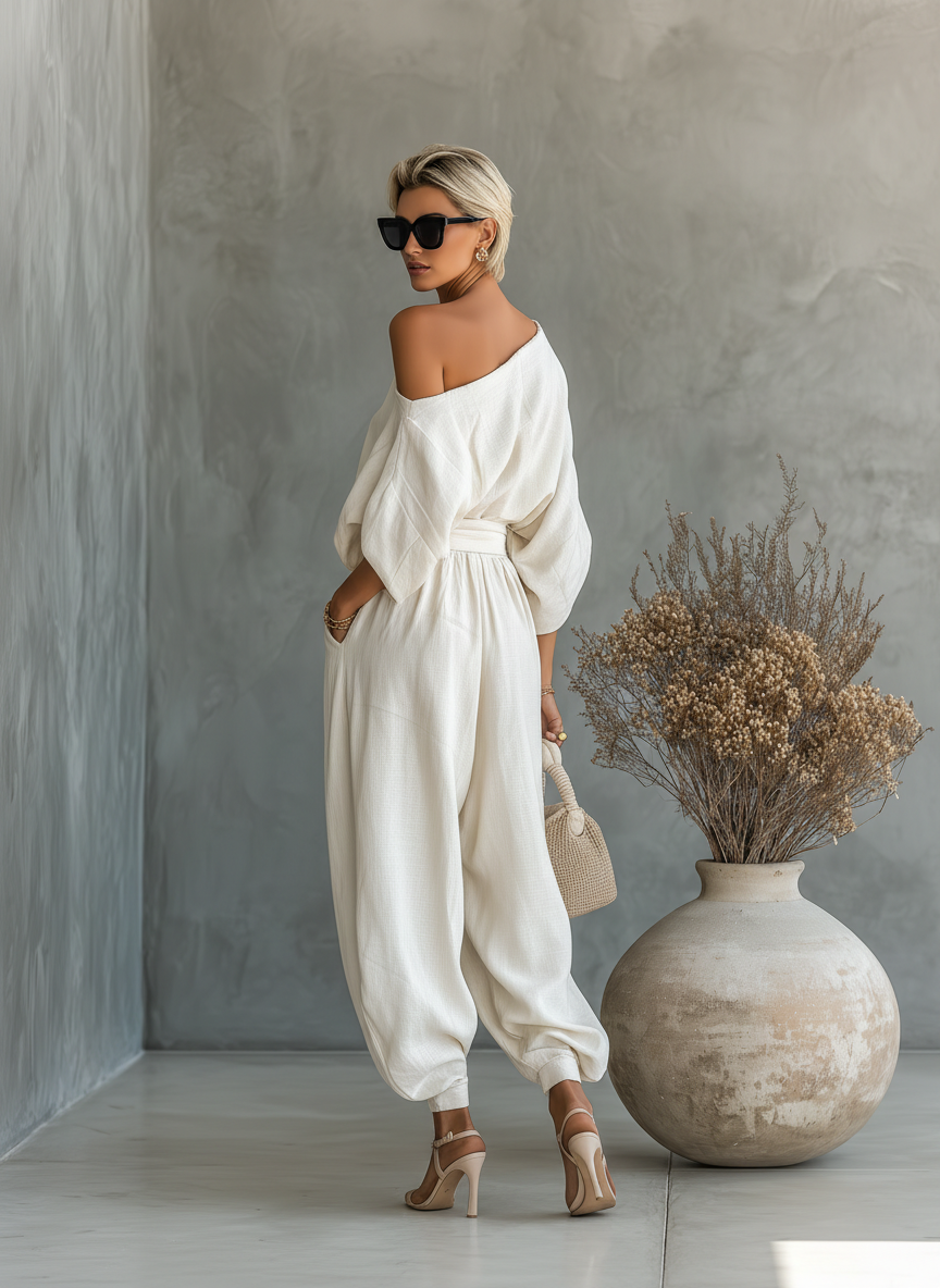 Femme Ensemble Épaule Dénudée avec Top Oversize et Pantalon Sarouel Long