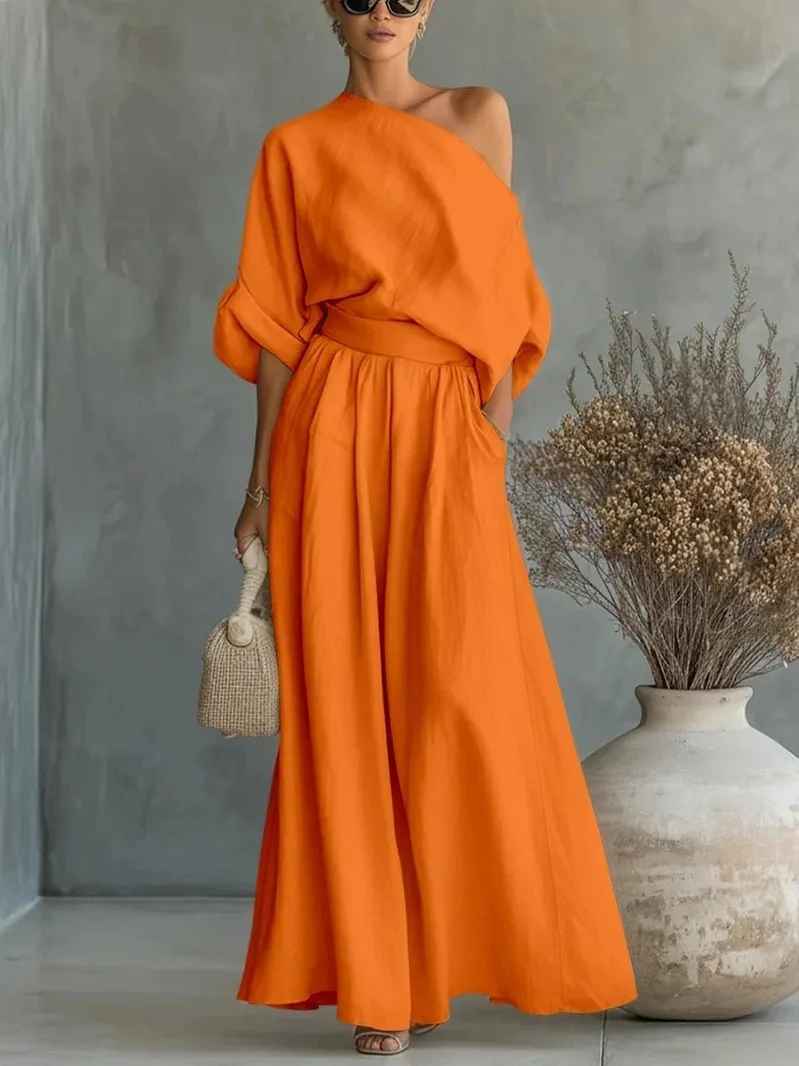 Femme Ensemble Épaule Dénudée avec Top Oversize et Pantalon Sarouel Long
