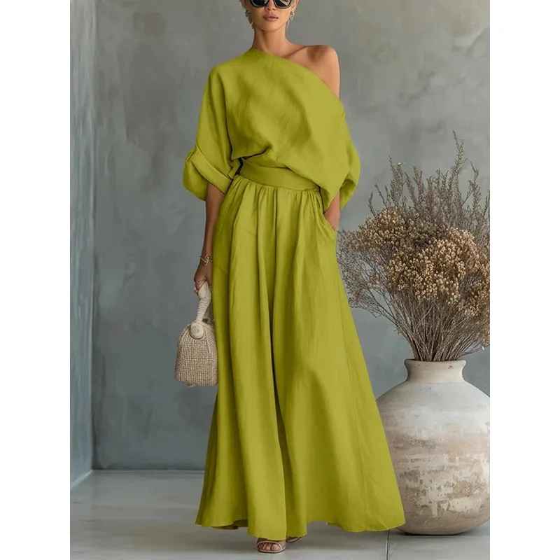 Femme Ensemble Épaule Dénudée avec Top Oversize et Pantalon Sarouel Long