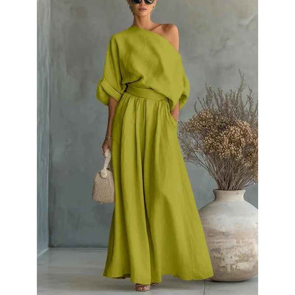Femme Ensemble Épaule Dénudée avec Top Oversize et Pantalon Sarouel Long