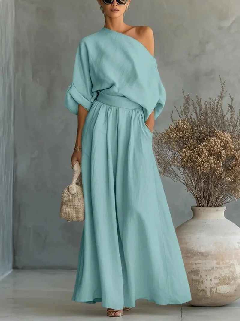 Femme Ensemble Épaule Dénudée avec Top Oversize et Pantalon Sarouel Long