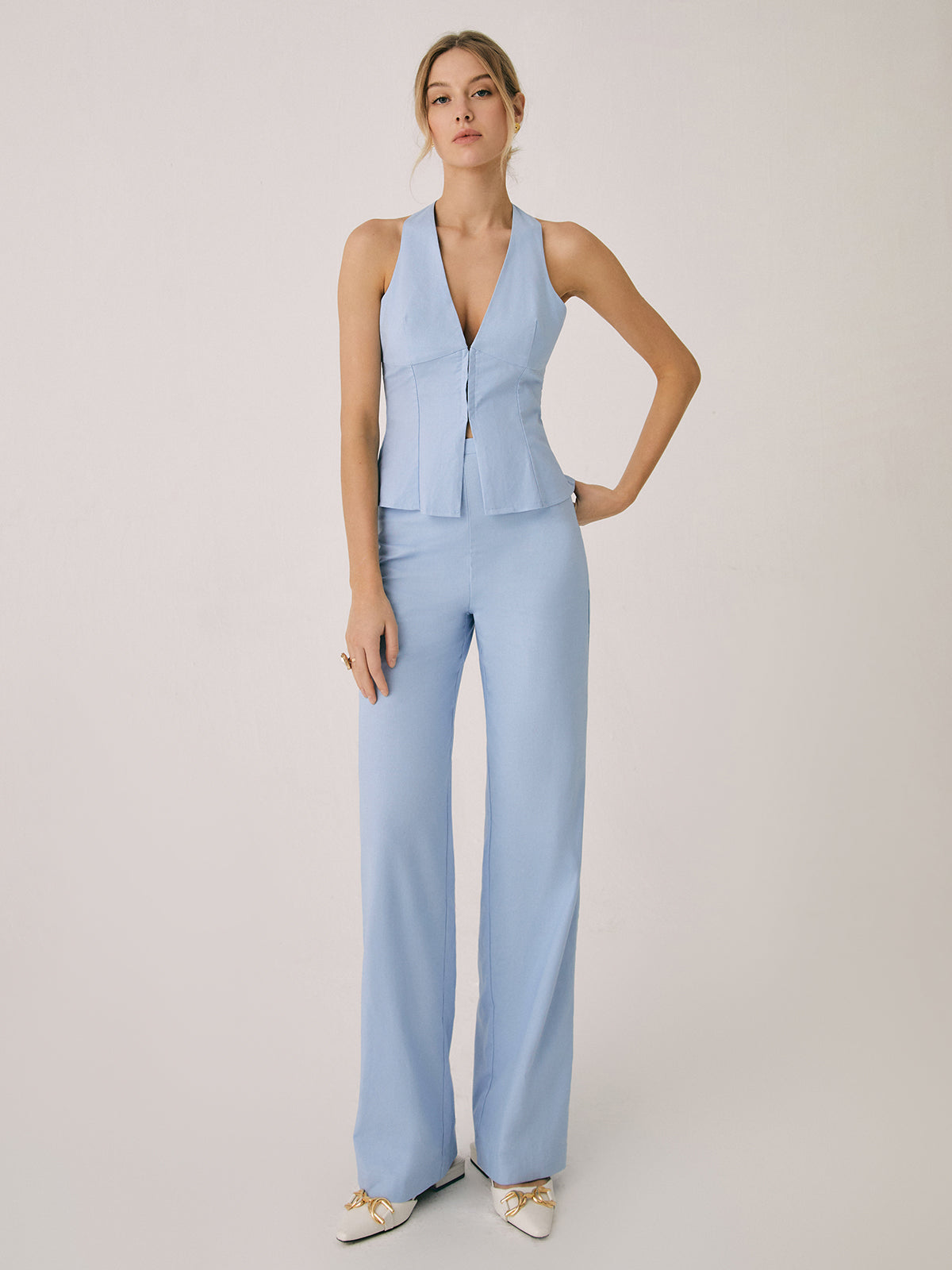 Femme Ensemble Gilet sans Manches et Pantalon Large à Col V