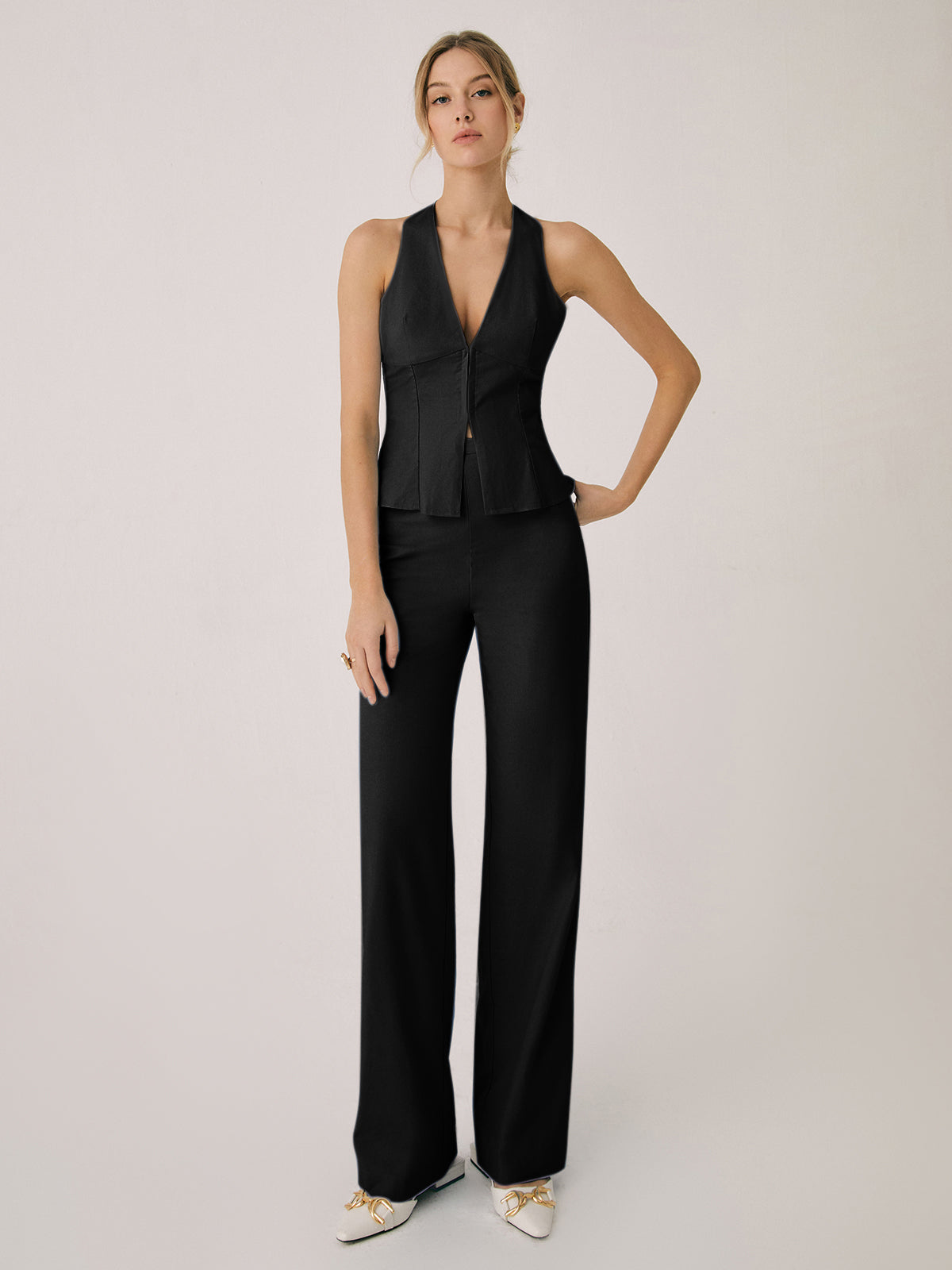 Femme Ensemble Gilet sans Manches et Pantalon Large à Col V