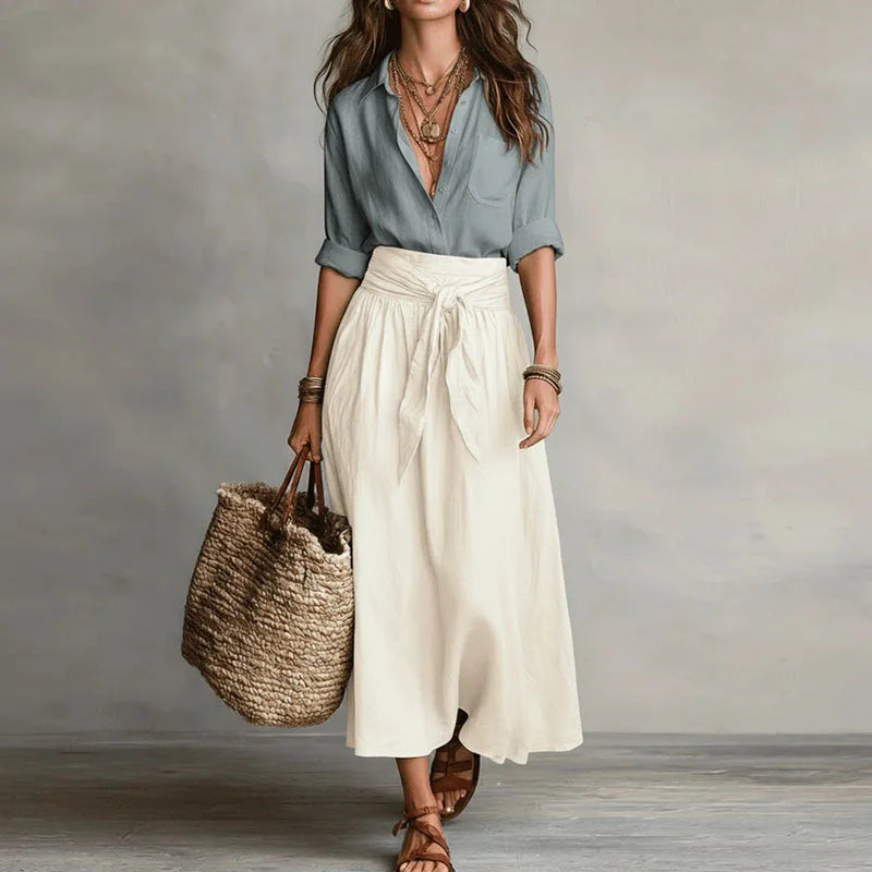 Femme Ensemble Jupe Longue Évasée Taille Haute avec Ceinture à Nouer