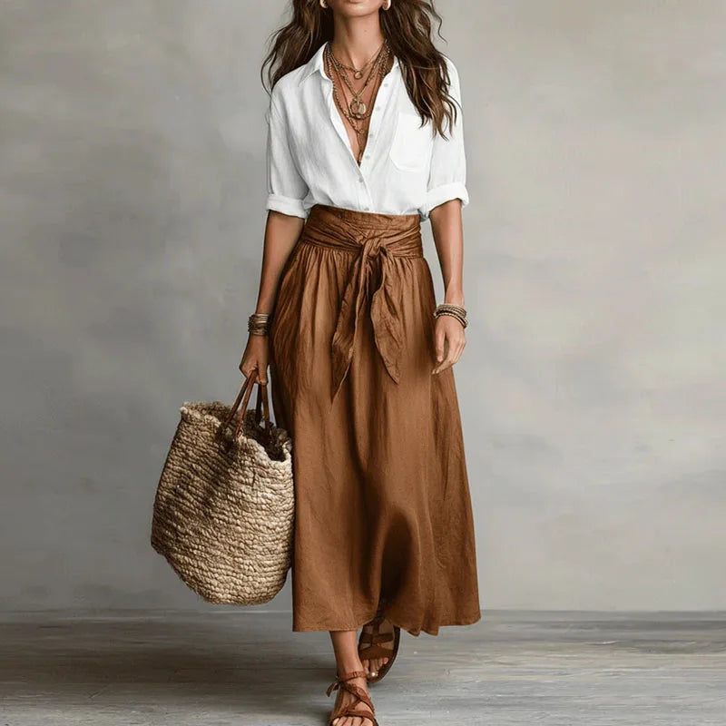 Femme Ensemble Jupe Longue Évasée Taille Haute avec Ceinture à Nouer