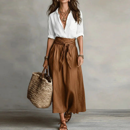 Femme Ensemble Jupe Longue Évasée Taille Haute avec Ceinture à Nouer