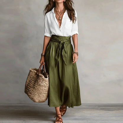 Femme Ensemble Jupe Longue Évasée Taille Haute avec Ceinture à Nouer