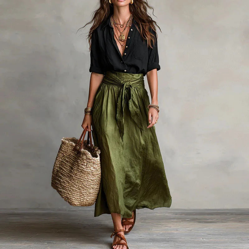Femme Ensemble Jupe Longue Évasée Taille Haute avec Ceinture à Nouer