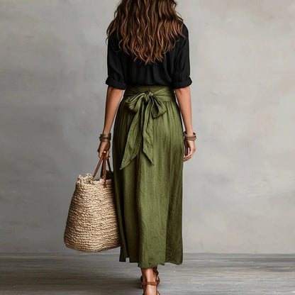 Femme Ensemble Jupe Longue Évasée Taille Haute avec Ceinture à Nouer