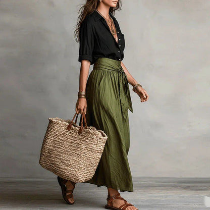 Femme Ensemble Jupe Longue Évasée Taille Haute avec Ceinture à Nouer