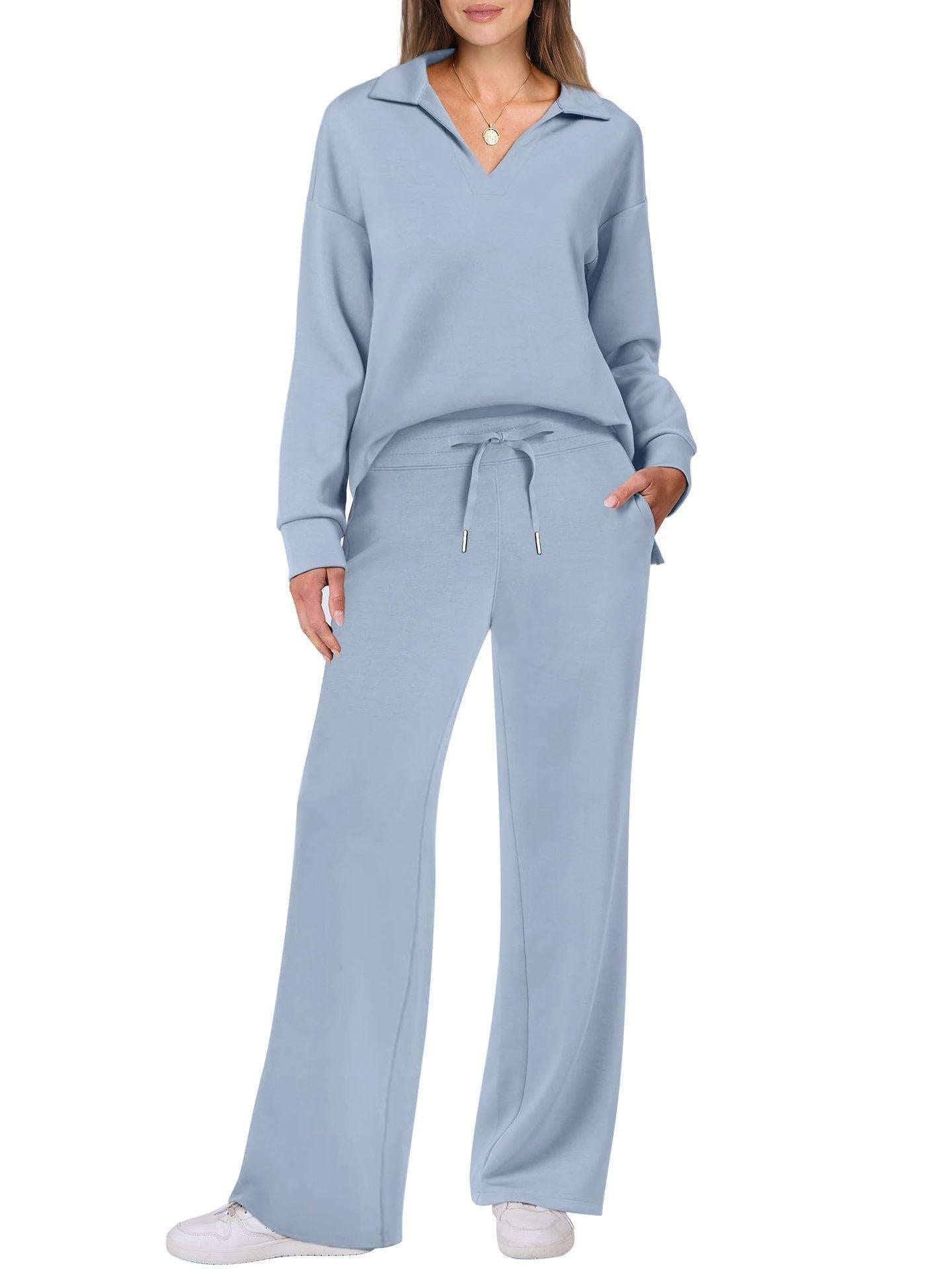 Femme Ensemble Loungewear avec Col V et Pantalon Large