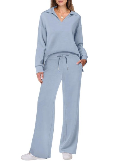 Femme Ensemble Loungewear avec Col V et Pantalon Large