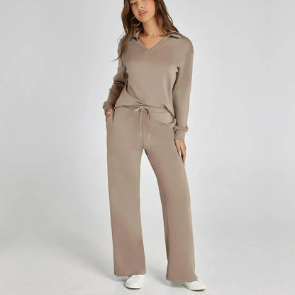 Femme Ensemble Loungewear avec Col V et Pantalon Large