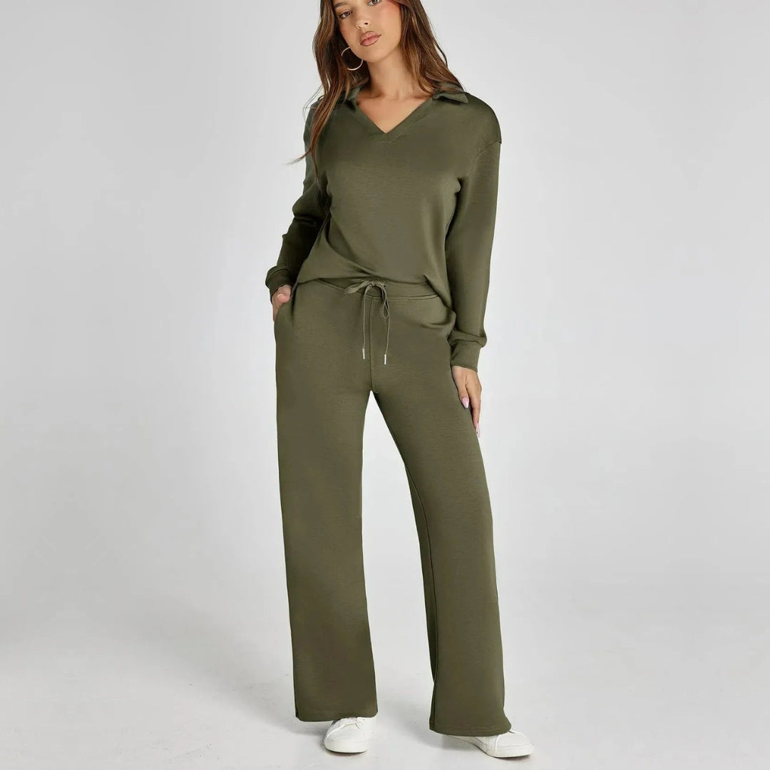 Femme Ensemble Loungewear avec Col V et Pantalon Large