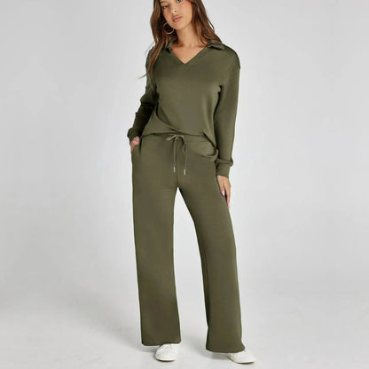 Femme Ensemble Loungewear avec Col V et Pantalon Large