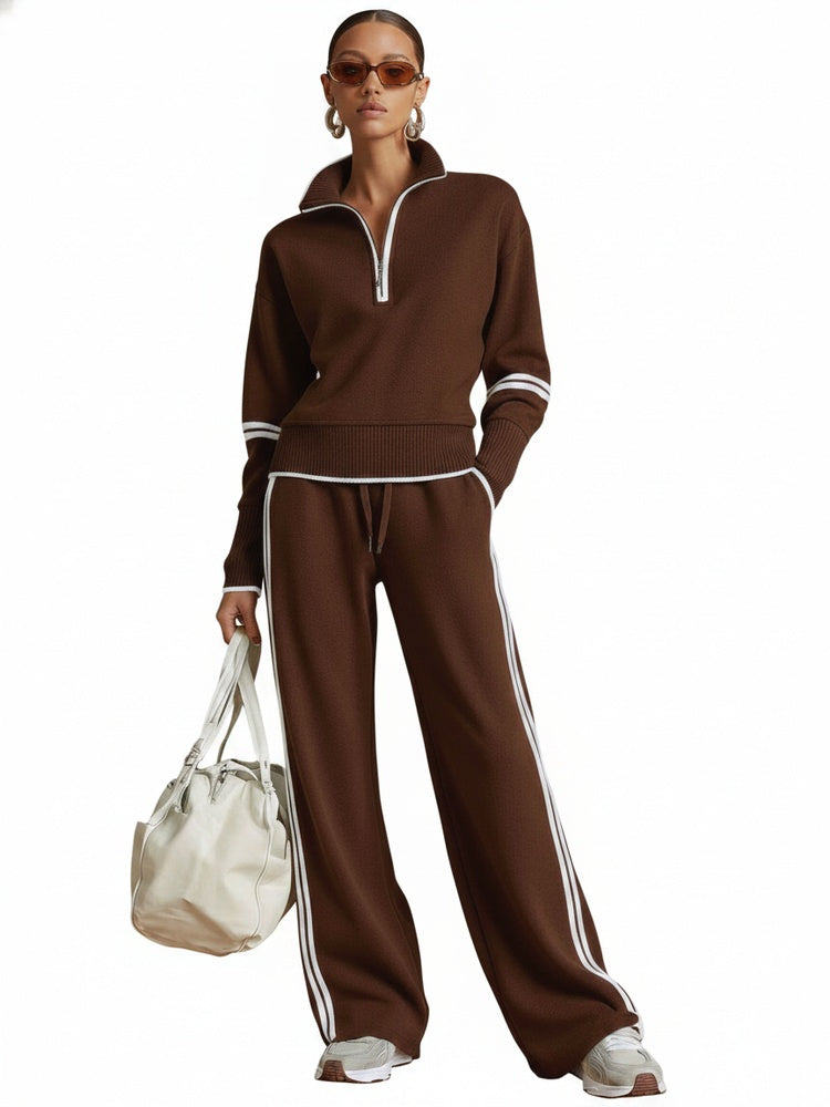 Femme Ensemble Loungewear Pantalon Large avec Col Zippé et Bandes Contrastées
