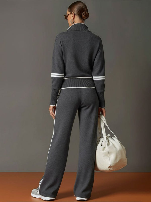 Femme Ensemble Loungewear Pantalon Large avec Col Zippé et Bandes Contrastées