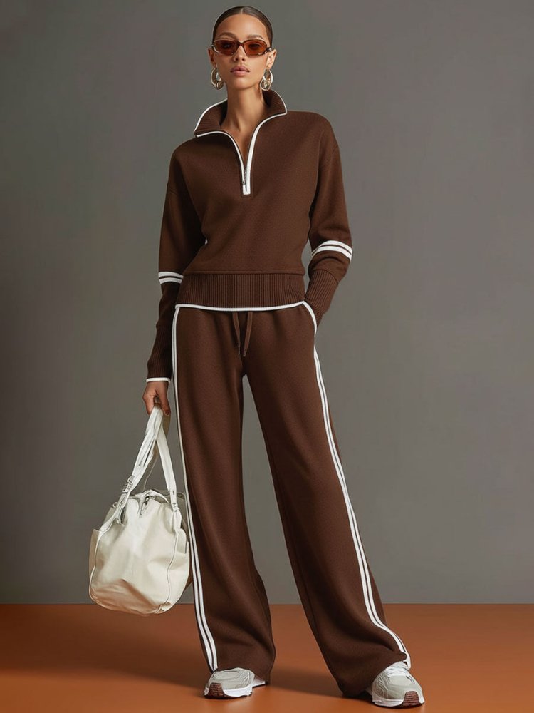 Femme Ensemble Loungewear Pantalon Large avec Col Zippé et Bandes Contrastées