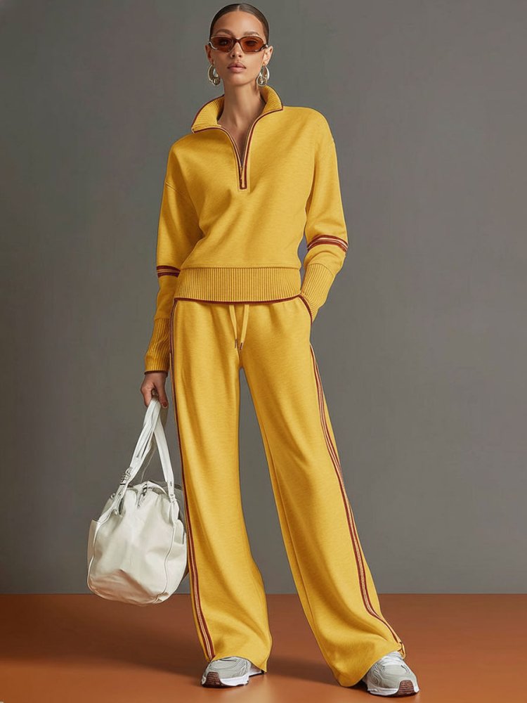 Femme Ensemble Loungewear Pantalon Large avec Col Zippé et Bandes Contrastées