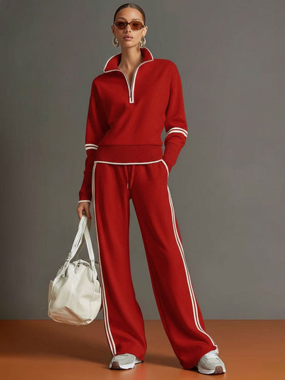 Femme Ensemble Loungewear Pantalon Large avec Col Zippé et Bandes Contrastées
