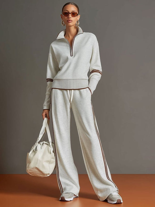 Femme Ensemble Loungewear Pantalon Large avec Col Zippé et Bandes Contrastées