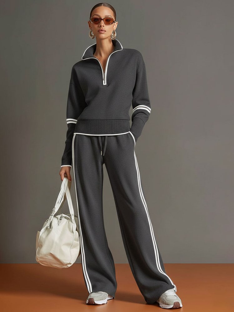 Femme Ensemble Loungewear Pantalon Large avec Col Zippé et Bandes Contrastées