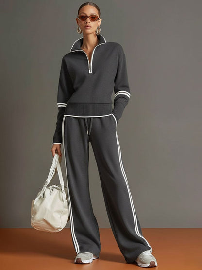 Femme Ensemble Loungewear Pantalon Large avec Col Zippé et Bandes Contrastées