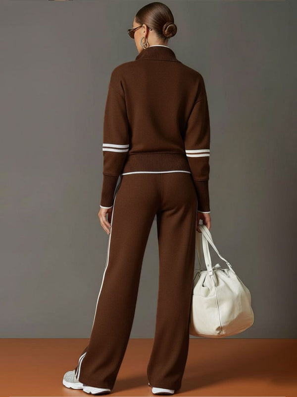 Femme Ensemble Loungewear Pantalon Large avec Col Zippé et Bandes Contrastées
