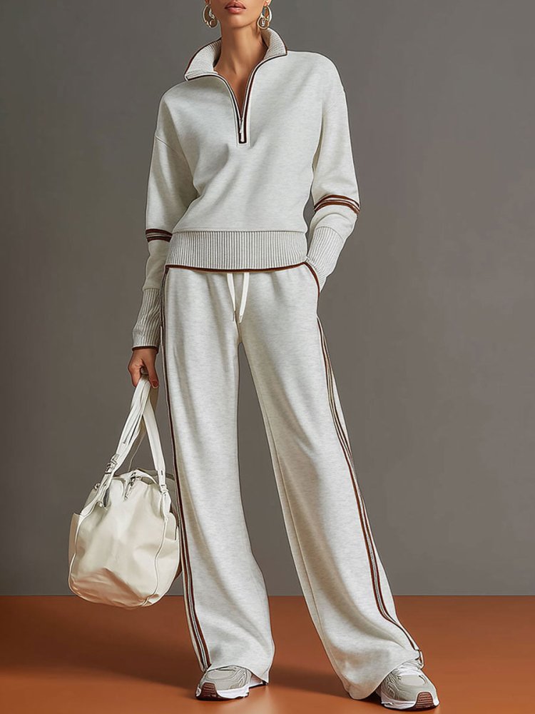 Femme Ensemble Loungewear Pantalon Large avec Col Zippé et Bandes Contrastées