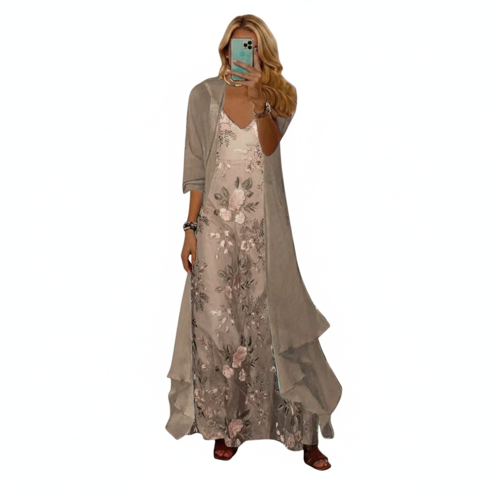 Femme Ensemble Maxi Robe Longue Fleurie avec Veste Trois-Quarts et Col en V