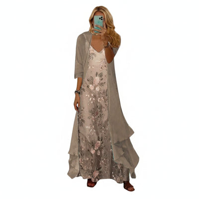 Femme Ensemble Maxi Robe Longue Fleurie avec Veste Trois-Quarts et Col en V