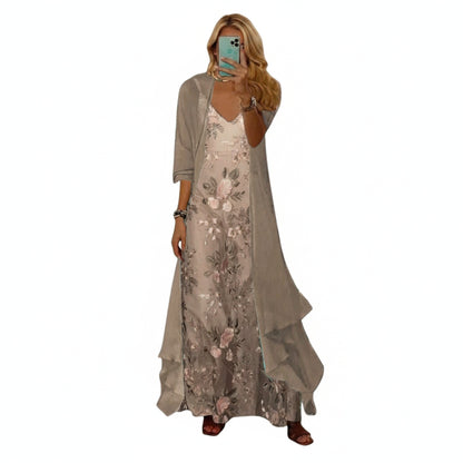 Femme Ensemble Maxi Robe Longue Fleurie avec Veste Trois-Quarts et Col en V