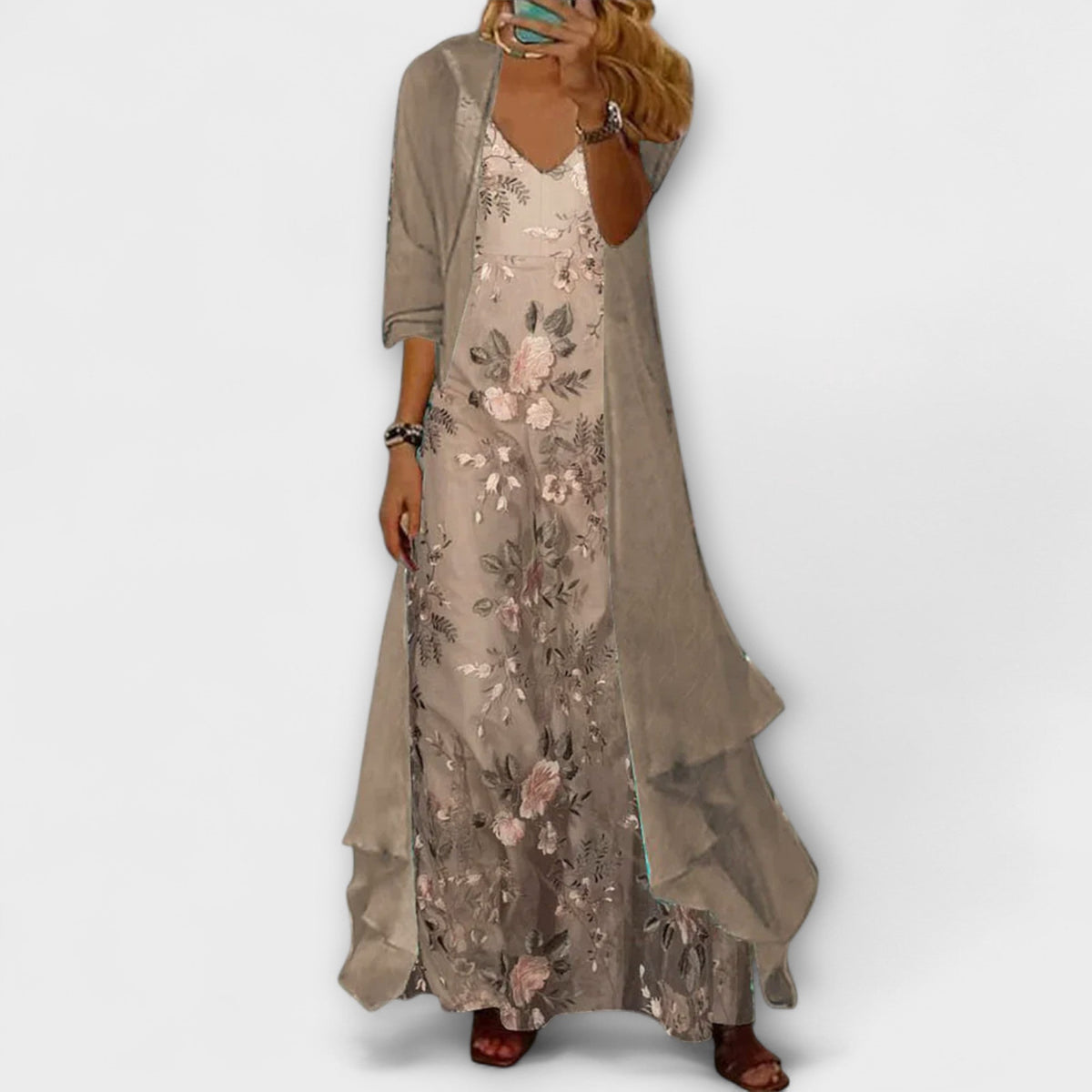 Femme Ensemble Maxi Robe Longue Fleurie avec Veste Trois-Quarts et Col en V