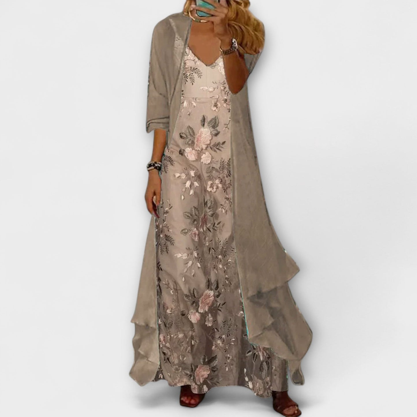 Femme Ensemble Maxi Robe Longue Fleurie avec Veste Trois-Quarts et Col en V