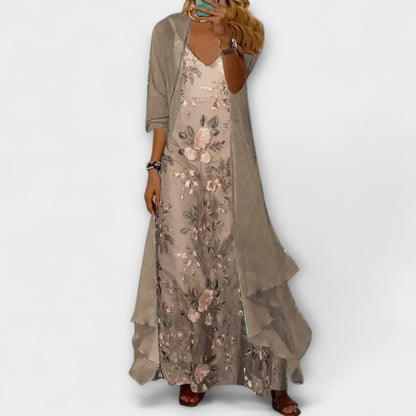 Femme Ensemble Maxi Robe Longue Fleurie avec Veste Trois-Quarts et Col en V