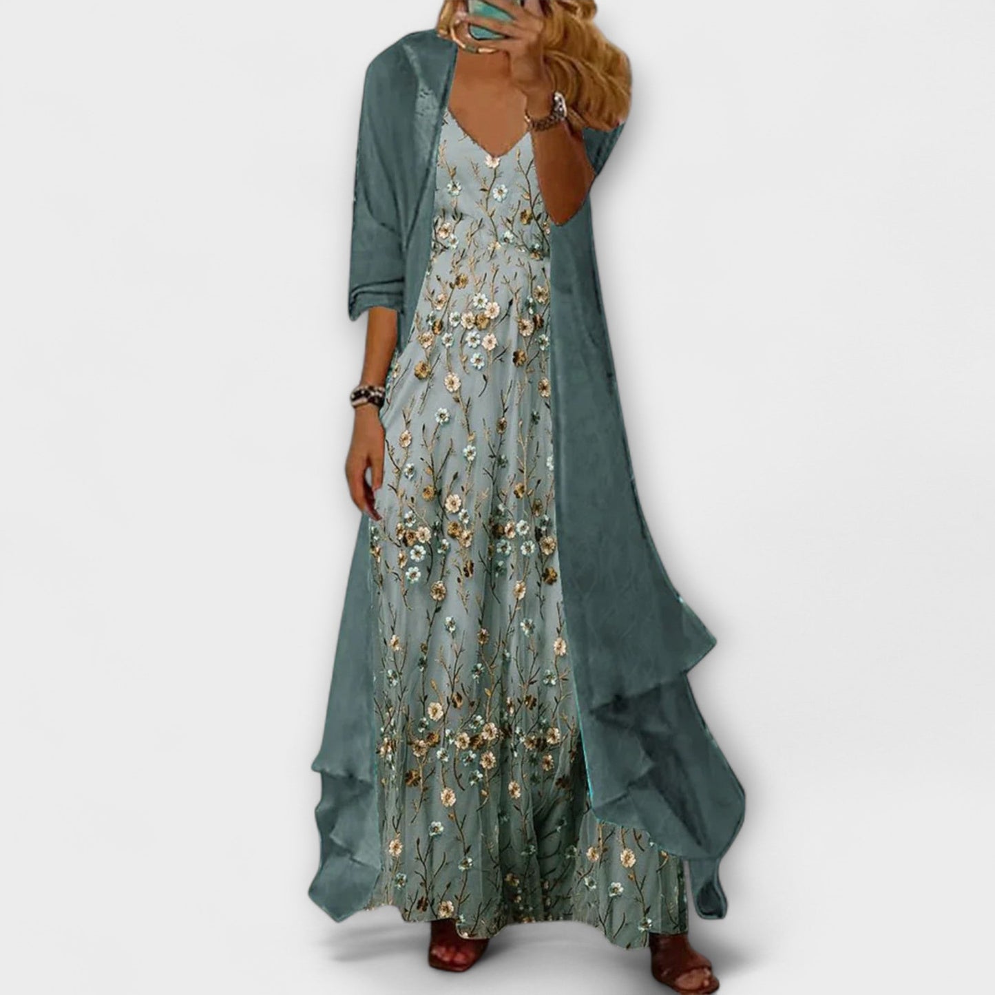 Femme Ensemble Maxi Robe Longue Fleurie avec Veste Trois-Quarts et Col en V