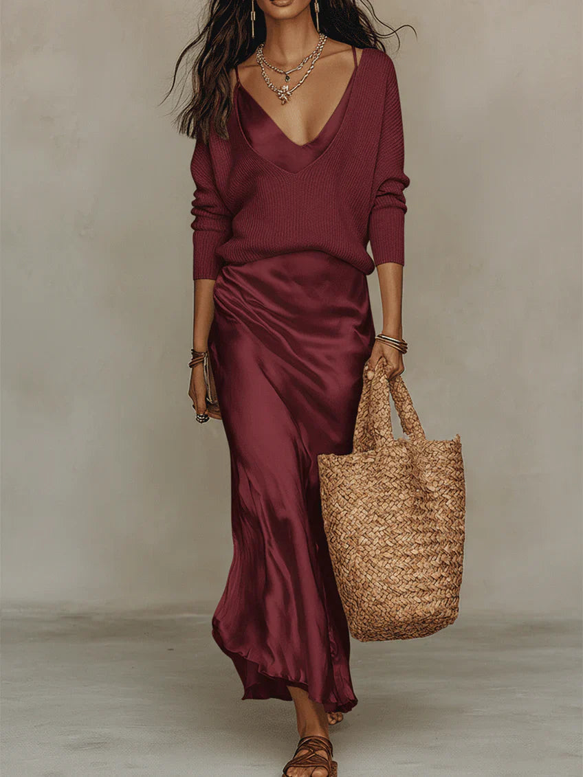 Femme Ensemble Midi Robe à Bretelles col en V et Pull Assorti
