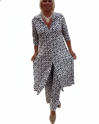 Femme Ensemble Pantalon Imprimé Vintage avec Blouse Manches Trois-quarts et Revers