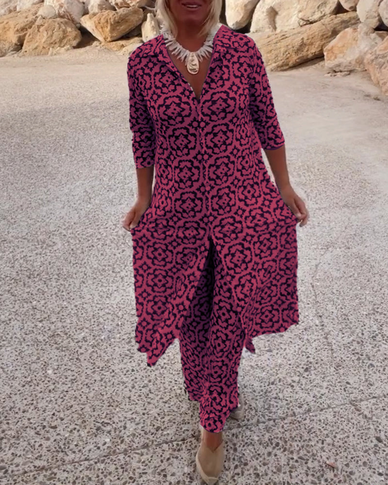 Femme Ensemble Pantalon Imprimé Vintage avec Blouse Manches Trois-quarts et Revers