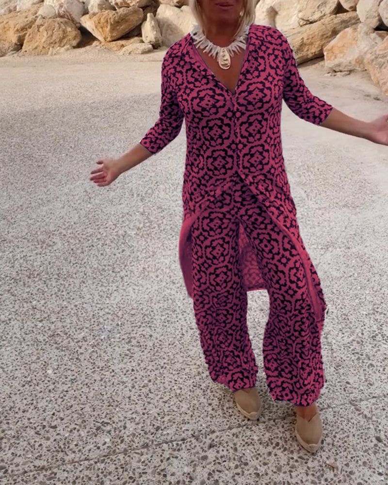 Femme Ensemble Pantalon Imprimé Vintage avec Blouse Manches Trois-quarts et Revers